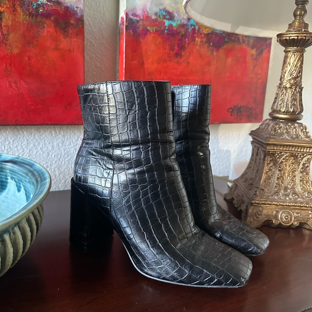 Black Croc-Embossed Ankle Boots